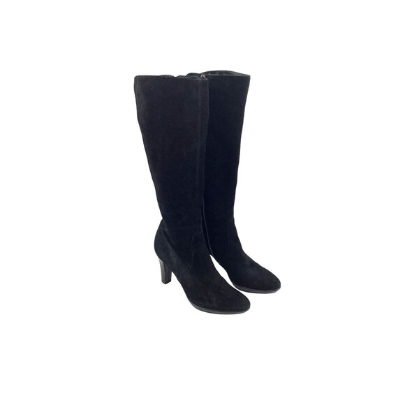 Aquatalia Black Suede Knee-High Boots 3-Inch Heels & Studded Back Detail Size 6 - Picture 1 of 7